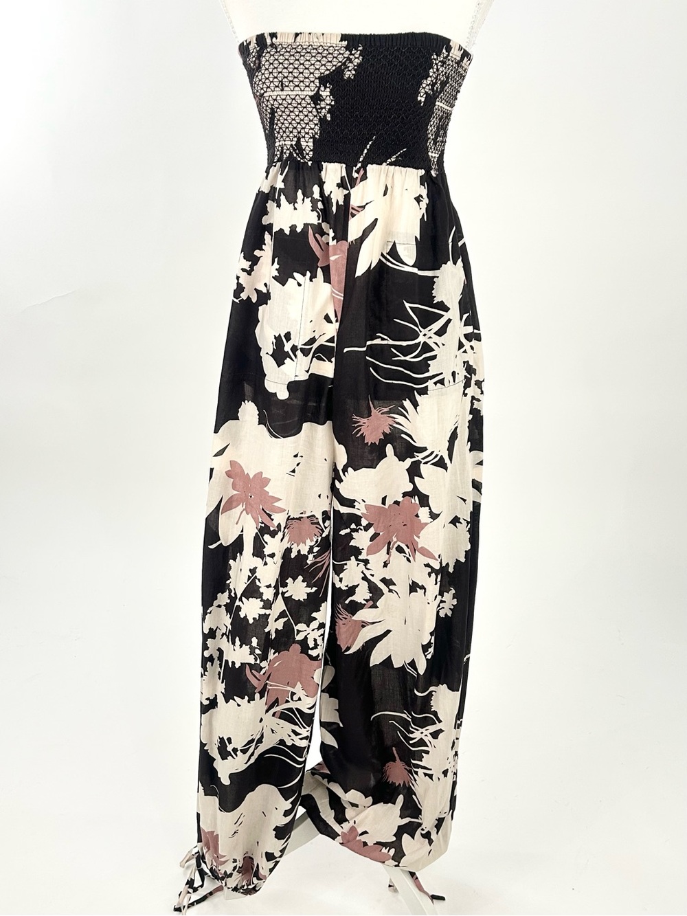 Hoss Intropia Floral Strapless Jumpsuit 34 Smocked Wide Leg Boho Cotton